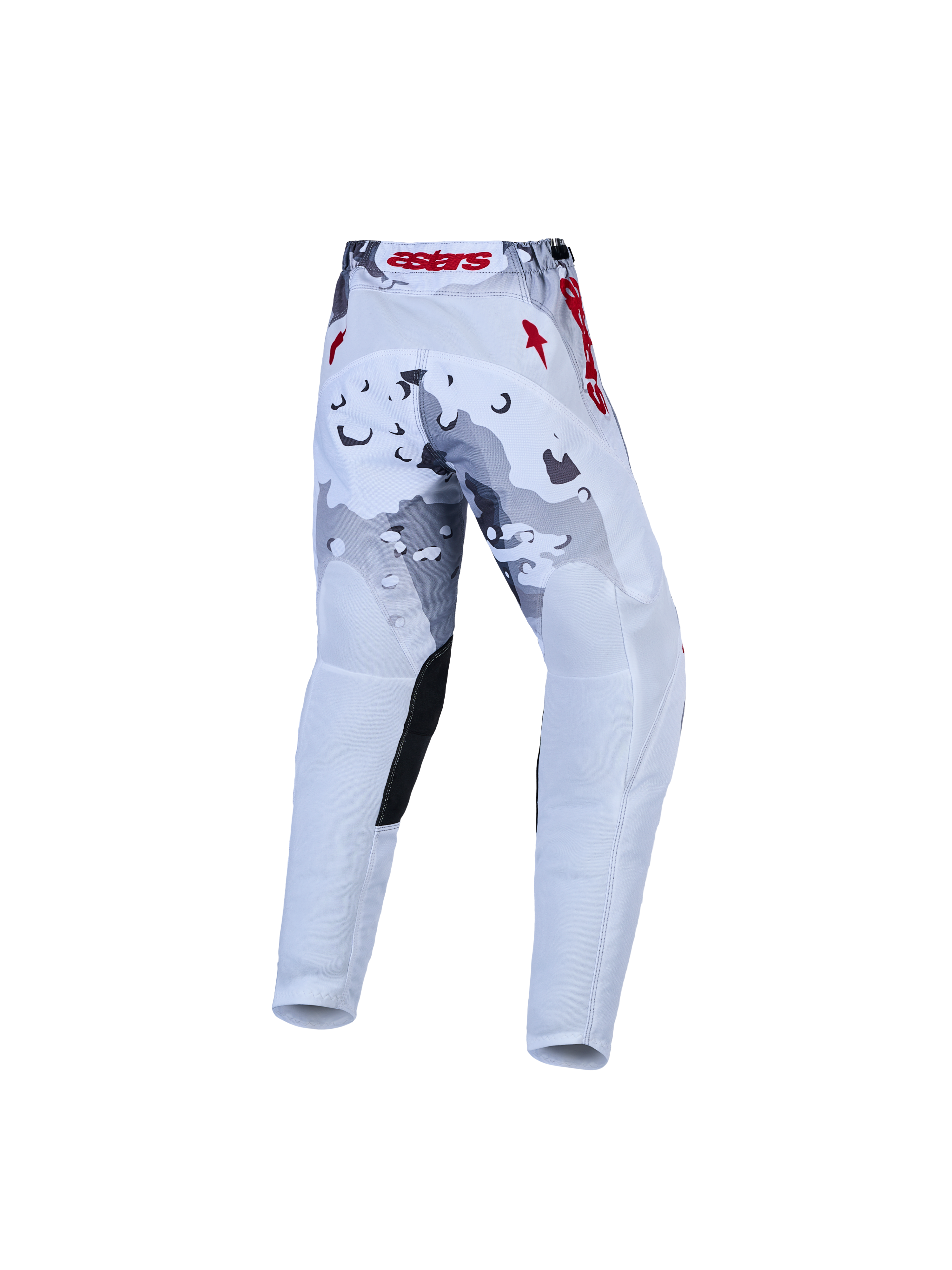 Alpinestars Youth Fluid Lone Pants, youth motocross gear in gray camo and white with red accents and reinforced seat.