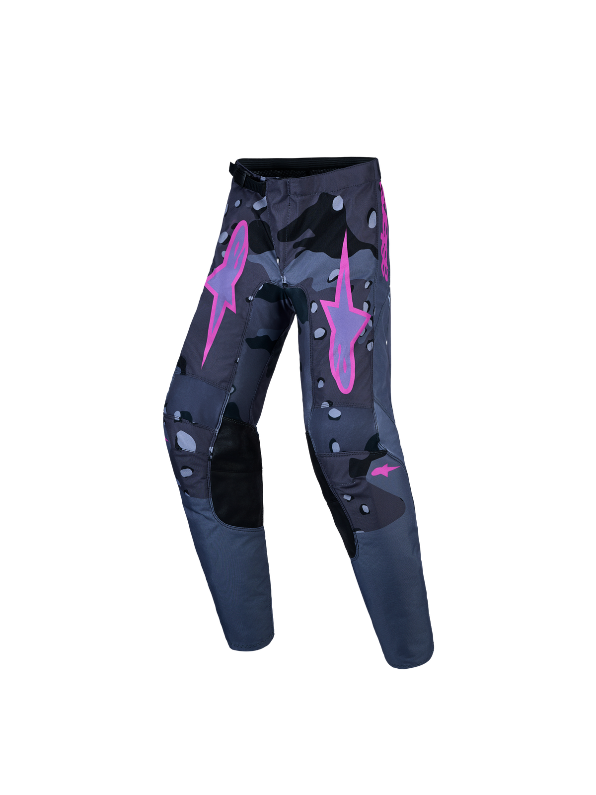 Alpinestars Youth Fluid Lone Motocross Pants in gray camo and purple with ergonomic 3D pattern for off-road racing performance.