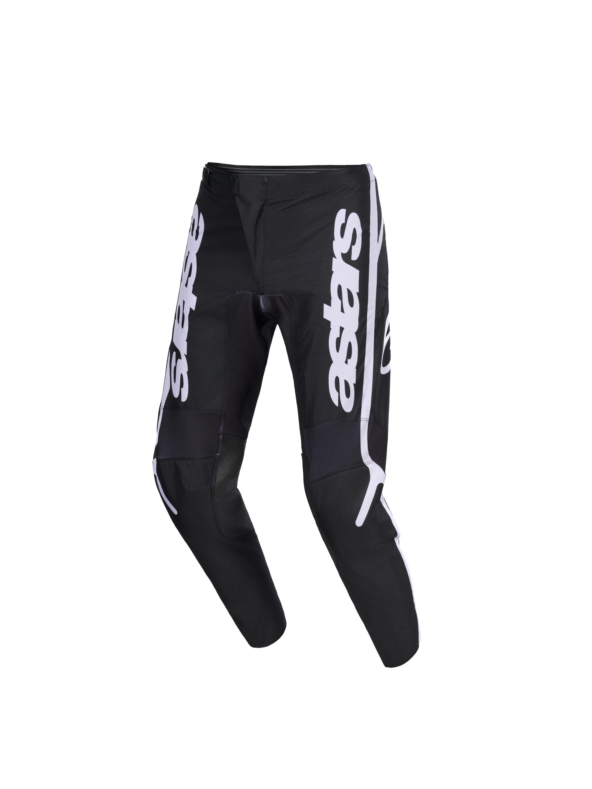 Alpinestars 2026 Youth Fluid Apex Pants, pantalon de motocross pour enfant, noir et blanc, avec marquage Astars vertical sur les jambes, coupe ergonomique pré-curvée et panneaux renforcés pour la performance tout-terrain