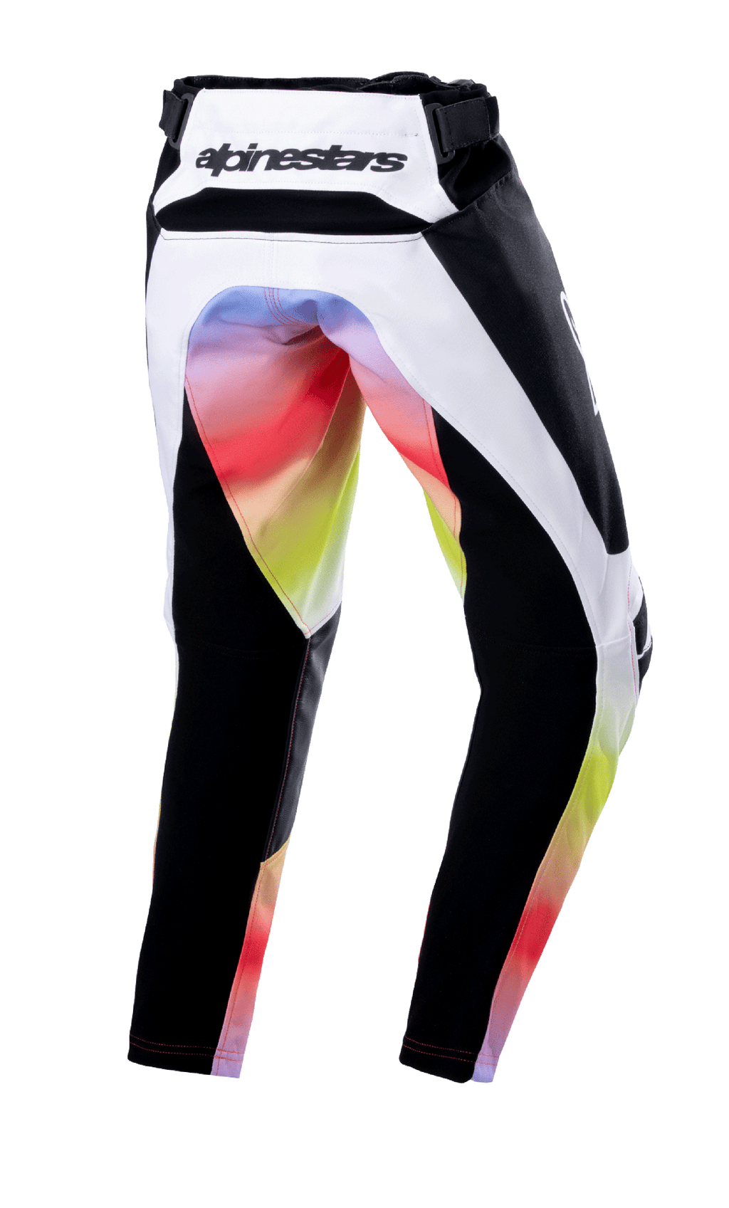 Alpinestars Youth 2023 Racer Semi Pants, pantalon de motocross, noir multicolore, vue arrière avec panneaux blancs et noirs et dégradé de couleurs vives sur l'assise et l'intérieur des jambes, logo Alpinestars à la taille, conception robuste pour le tout-terrain