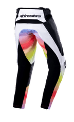 Alpinestars Youth 2023 Racer Semi Pants, pantalon de motocross, noir multicolore, vue arrière avec panneaux blancs et noirs et dégradé de couleurs vives sur l'assise et l'intérieur des jambes, logo Alpinestars à la taille, conception robuste pour le tout-terrain