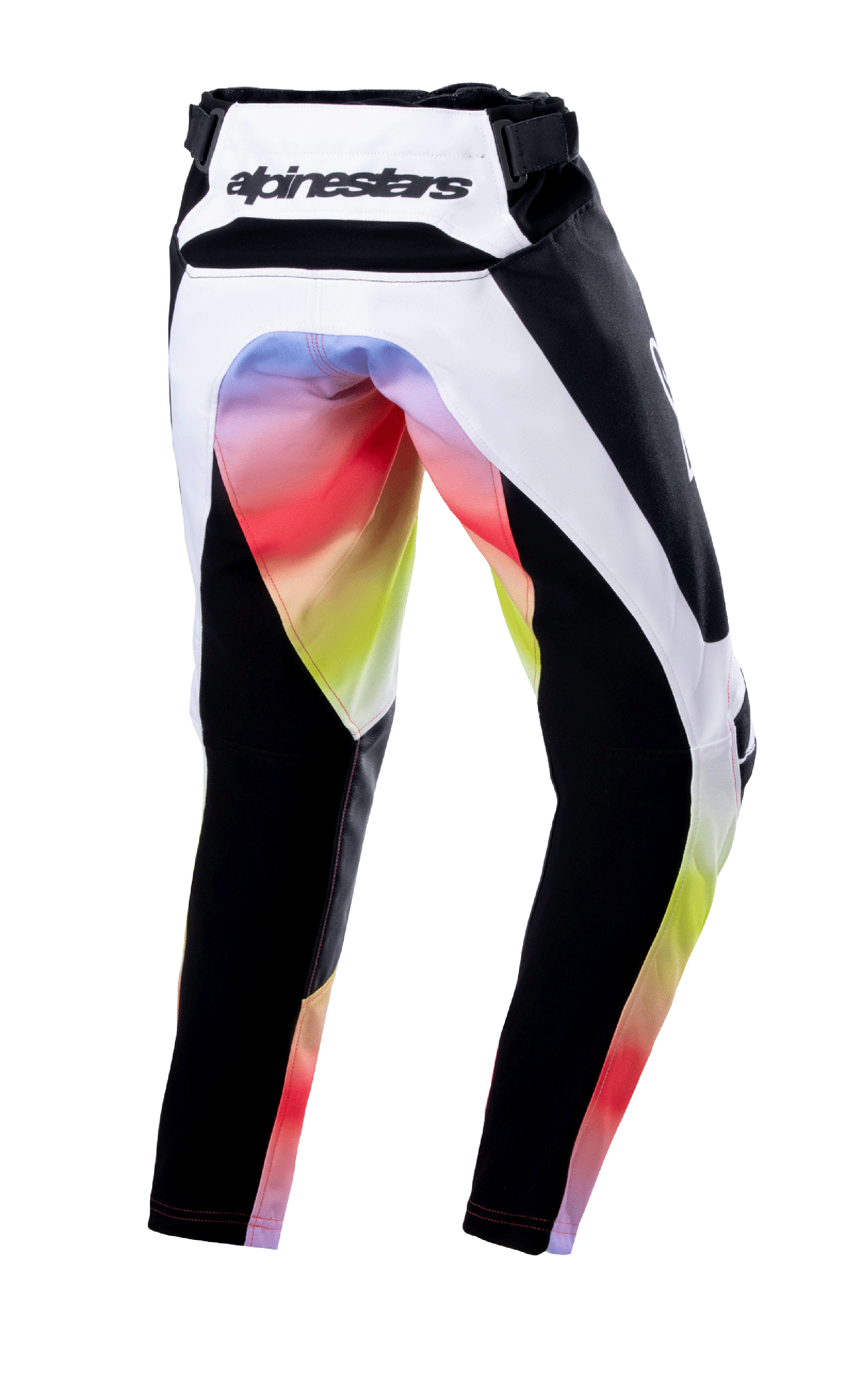 Alpinestars Youth 2023 Racer Semi Pants, pantalon de motocross, noir multicolore, vue arrière avec panneaux blancs et noirs et dégradé de couleurs vives sur l'assise et l'intérieur des jambes, logo Alpinestars à la taille, conception robuste pour le tout-terrain