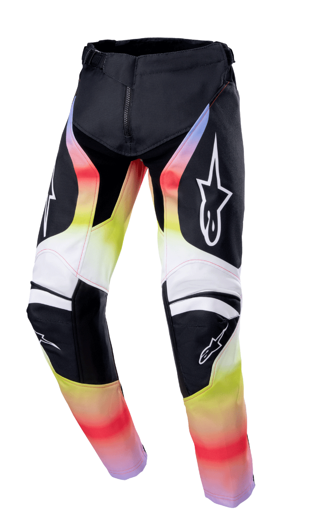 Alpinestars Pantalon Youth Racer Semi 2023, pantalon de motocross pour enfant, noir avec dégradé rouge, jaune et blanc, logos étoile sur les cuisses et les genoux, design technique avec protection renforcée aux genoux