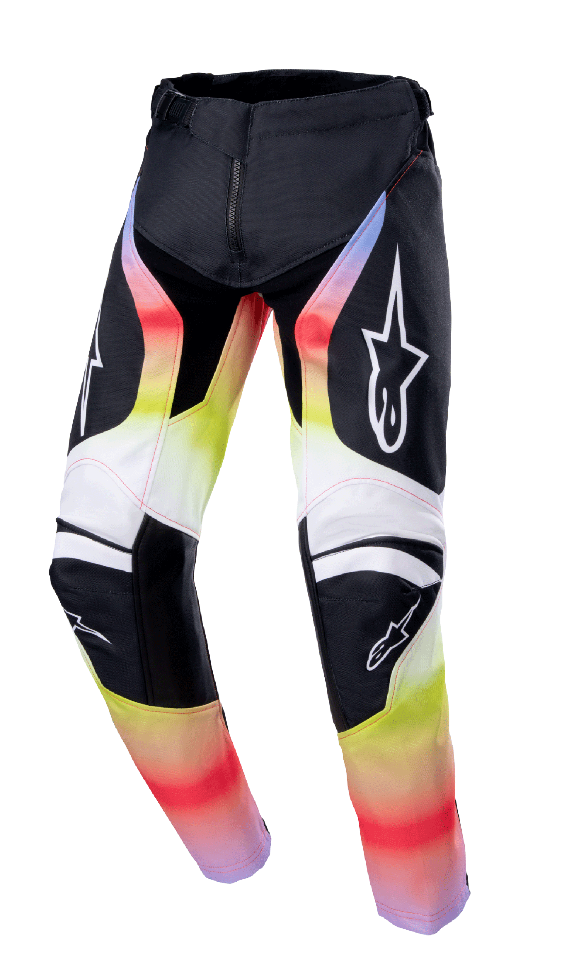 Alpinestars Pantalon Youth Racer Semi 2023, pantalon de motocross pour enfant, noir avec dégradé rouge, jaune et blanc, logos étoile sur les cuisses et les genoux, design technique avec protection renforcée aux genoux