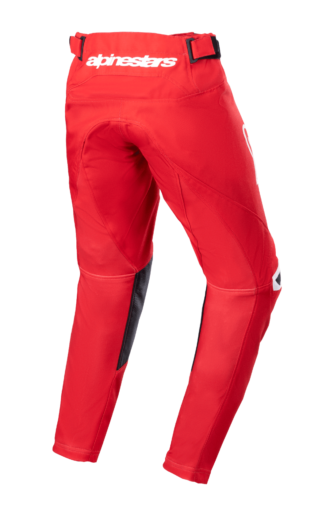 Alpinestars Youth 2023 Racer Narin Pants, pantalon de motocross, rouge Mars et blanc, vue arrière montrant le logo Alpinestars blanc à la taille, panneaux intérieurs de jambe en cuir noir, conception ergonomique pré-courbée pour la conduite tout-terrain