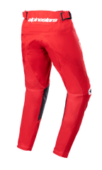 Alpinestars Youth 2023 Racer Narin Pants, pantalon de motocross, rouge Mars et blanc, vue arrière montrant le logo Alpinestars blanc à la taille, panneaux intérieurs de jambe en cuir noir, conception ergonomique pré-courbée pour la conduite tout-terrain
