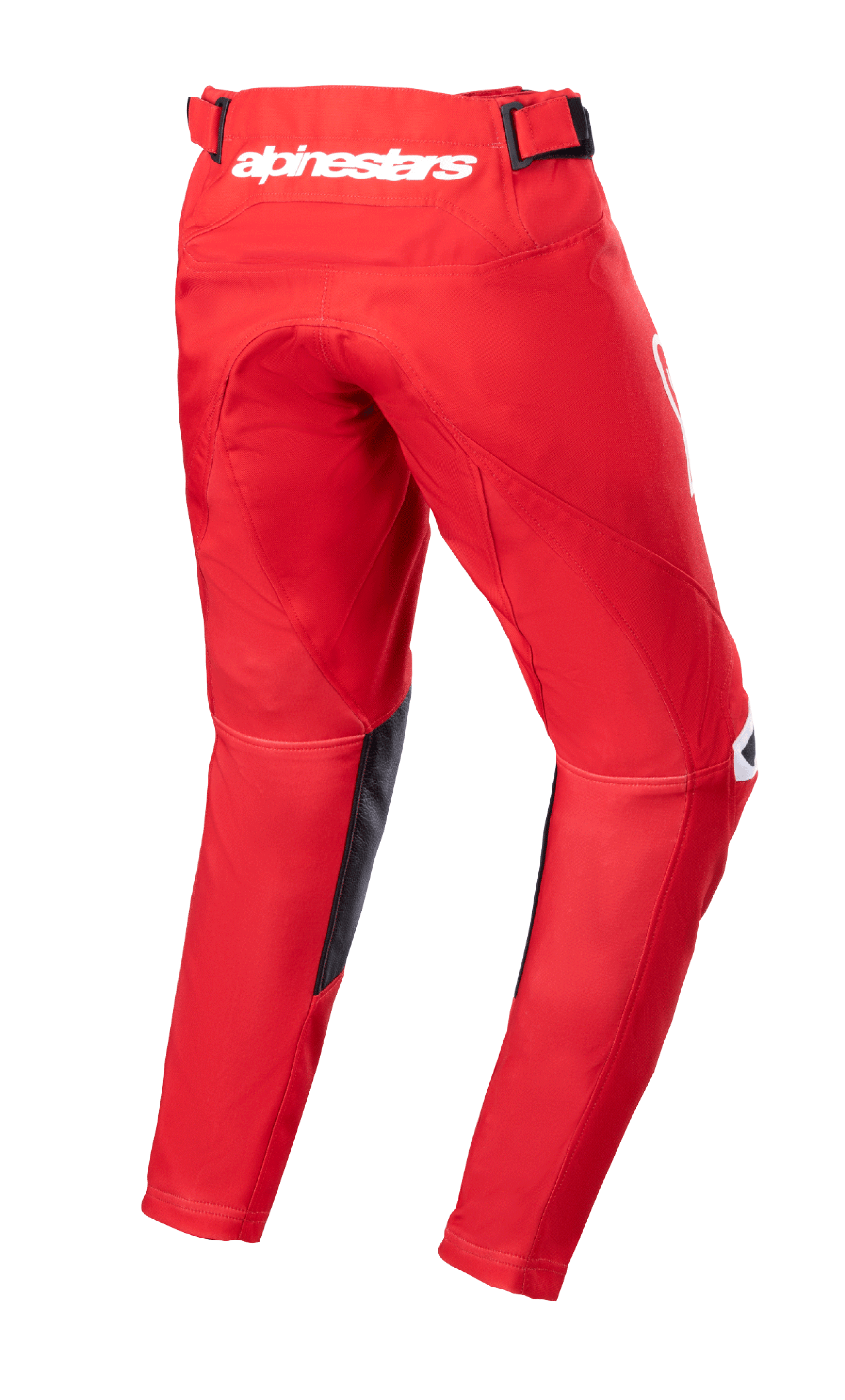 Alpinestars Youth 2023 Racer Narin Pants, pantalon de motocross, rouge Mars et blanc, vue arrière montrant le logo Alpinestars blanc à la taille, panneaux intérieurs de jambe en cuir noir, conception ergonomique pré-courbée pour la conduite tout-terrain