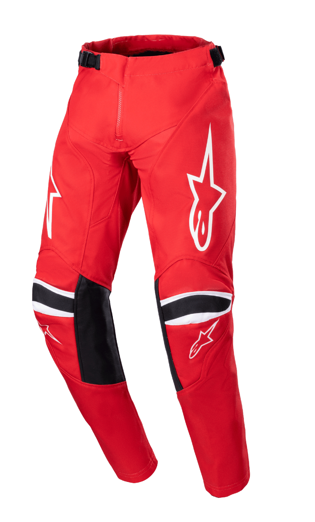 Alpinestars 2023 Youth Racer Narin Pants, pantalon de motocross pour enfant, rouge Mars et blanc, avec logos étoile blancs sur les cuisses, empiècements de renfort noirs aux genoux avec rayures blanches, sangles de réglage à la taille, conception de course tout-terrain durable