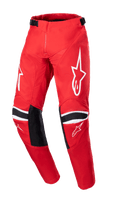 Alpinestars 2023 Youth Racer Narin Pants, pantalon de motocross pour enfant, rouge Mars et blanc, avec logos étoile blancs sur les cuisses, empiècements de renfort noirs aux genoux avec rayures blanches, sangles de réglage à la taille, conception de course tout-terrain durable