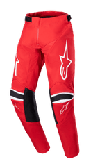 Alpinestars 2023 Youth Racer Narin Pants, pantalon de motocross pour enfant, rouge Mars et blanc, avec logos étoile blancs sur les cuisses, empiècements de renfort noirs aux genoux avec rayures blanches, sangles de réglage à la taille, conception de course tout-terrain durable