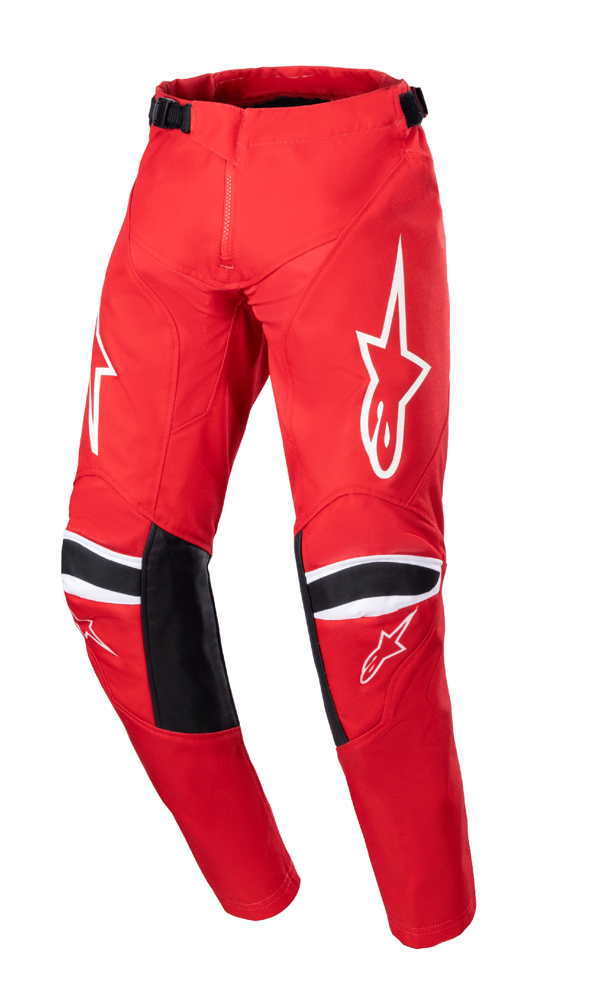 Alpinestars 2023 Youth Racer Narin Pants, Motocross Pants, Mars Red and White, featuring white star logos on thighs, black knee reinforcement panels with white stripes, adjustable waist straps, durable off-road racing design