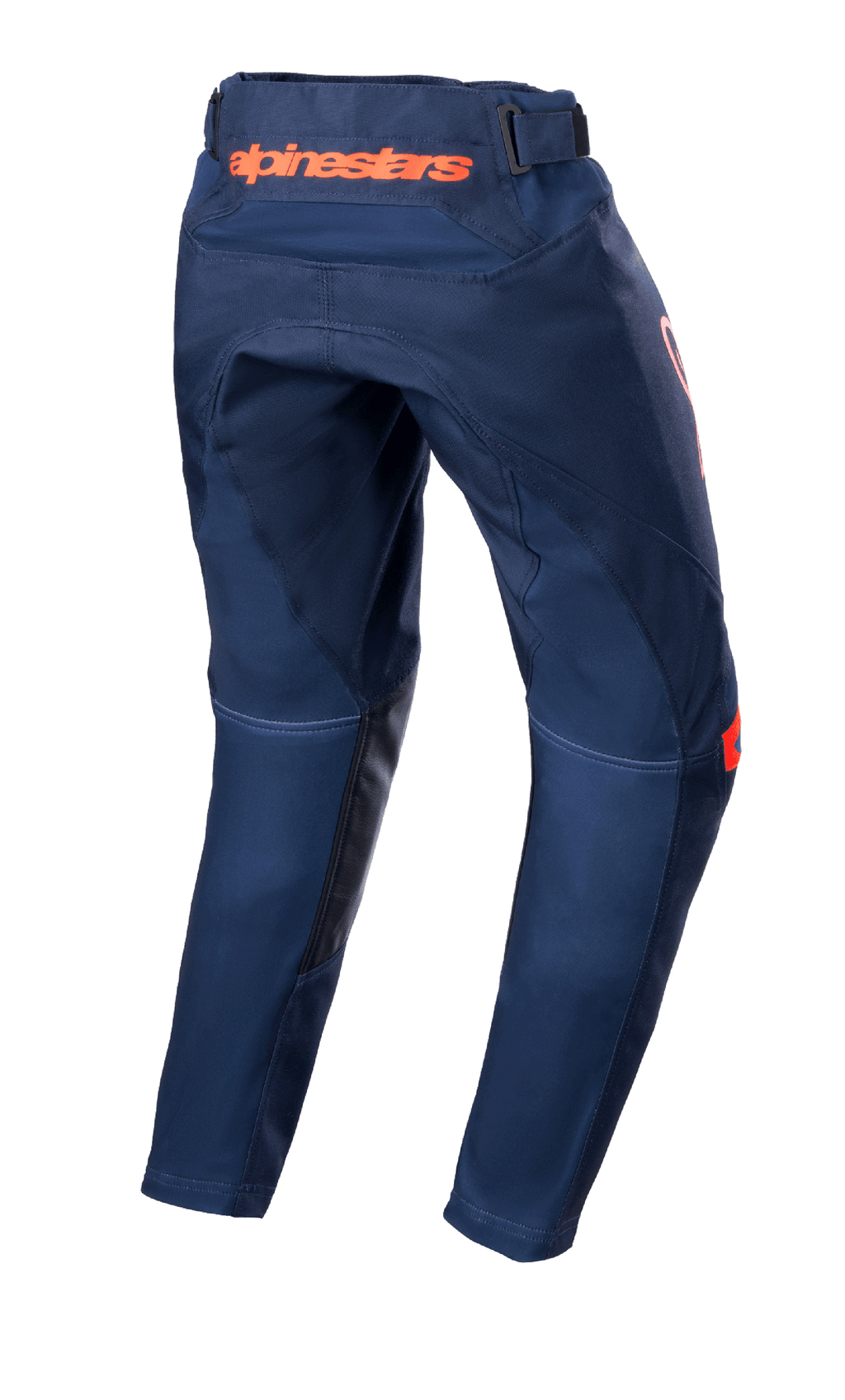 Alpinestars Youth 2023 Racer Narin Pants, pantalon de motocross, bleu marine et orange, vue arrière montrant le logo Alpinestars orange à la taille et les renforts intérieurs des jambes en cuir noir, conception en textile durable pour le tout-terrain