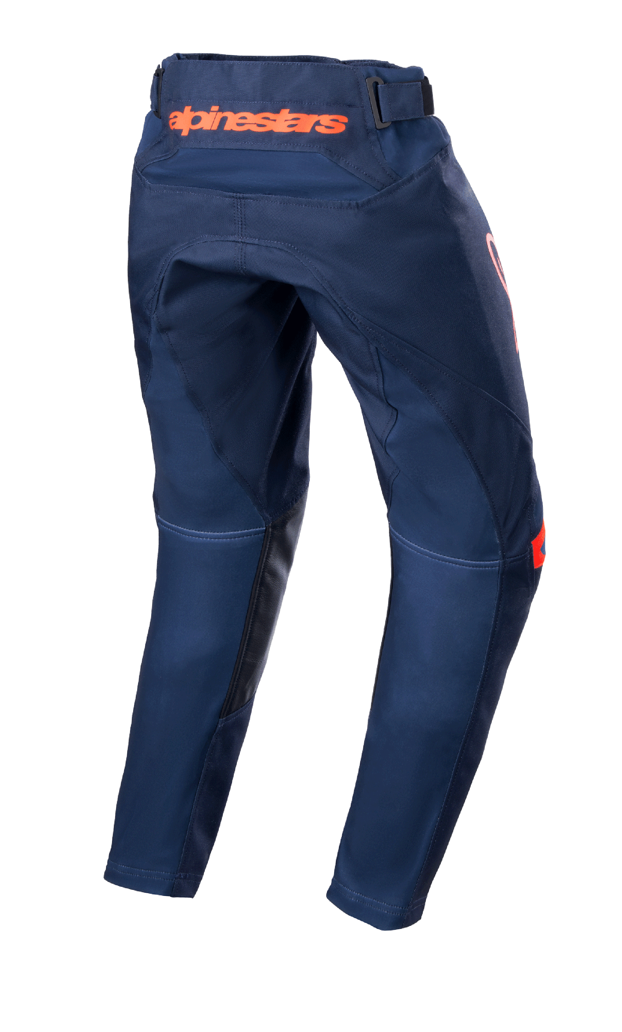 Alpinestars Youth 2023 Racer Narin Pants, pantalon de motocross, bleu marine et orange, vue arrière montrant le logo Alpinestars orange à la taille et les renforts intérieurs des jambes en cuir noir, conception en textile durable pour le tout-terrain