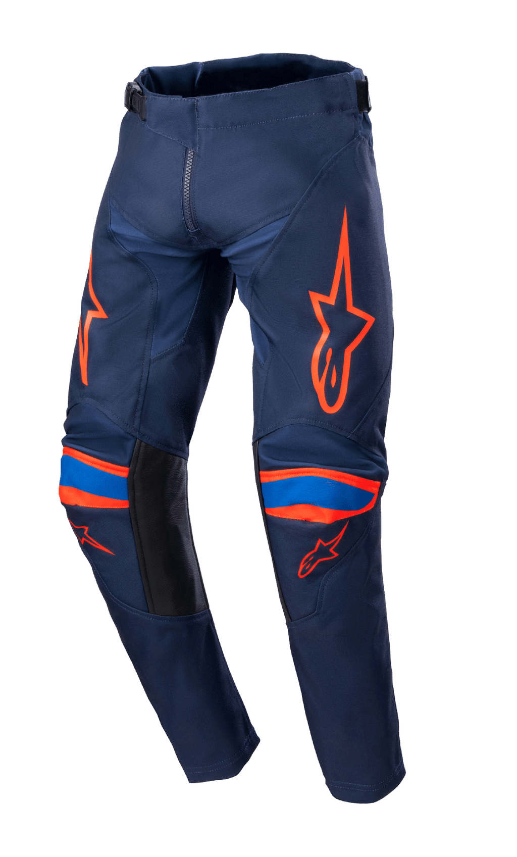 Alpinestars 2023 Youth Racer Narin, pantalon de motocross pour enfant, bleu marine et orange vif, logos orange vif sur les cuisses et les genoux, accents bleus, empiècements noirs à l'intérieur des jambes, construction textile durable pour la course tout-terrain