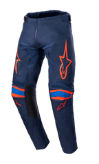 Alpinestars 2023 Youth Racer Narin, pantalon de motocross pour enfant, bleu marine et orange vif, logos orange vif sur les cuisses et les genoux, accents bleus, empiècements noirs à l'intérieur des jambes, construction textile durable pour la course tout-terrain
