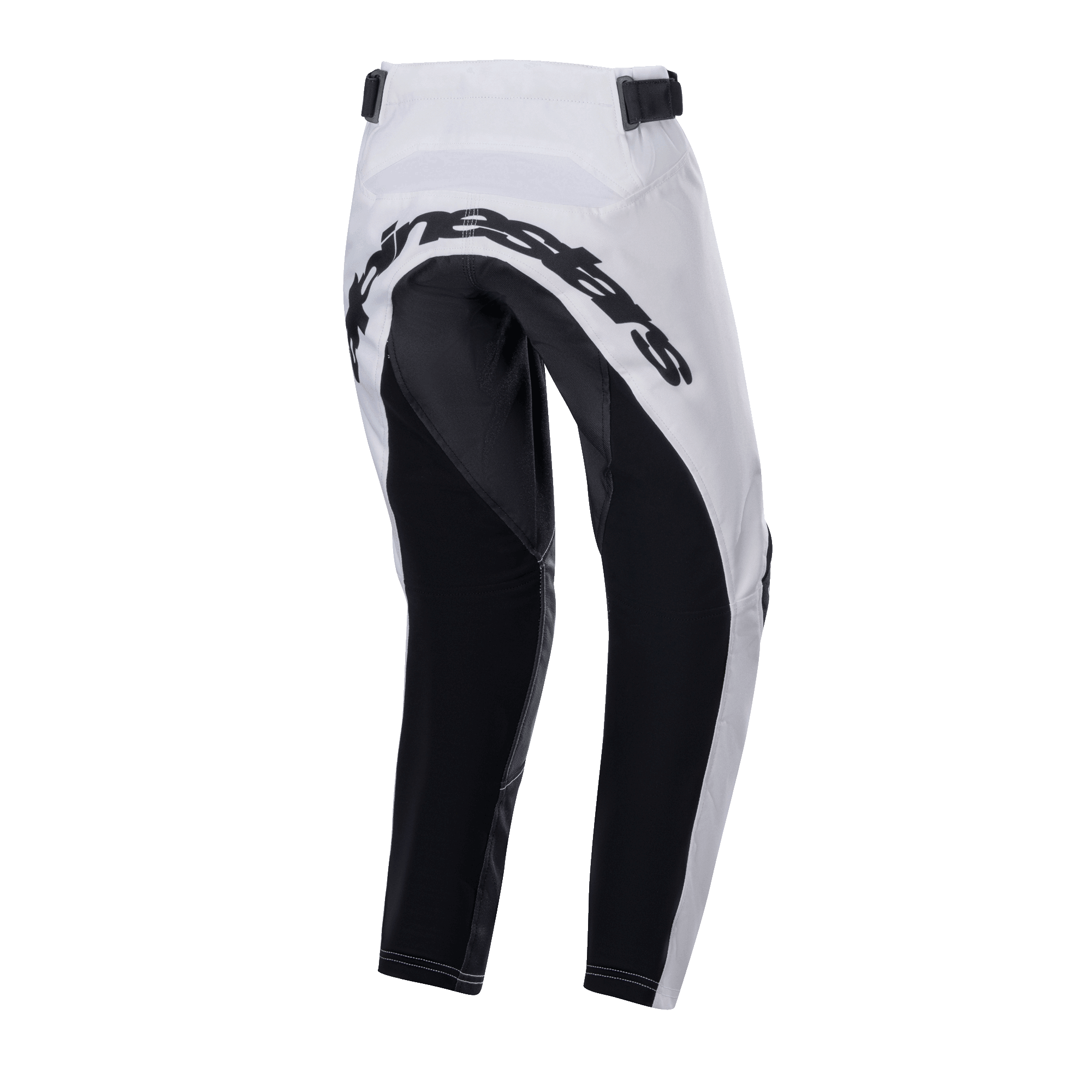 Pantalon Alpinestars 2024 Youth Racer Lucent, pantalon de motocross, blanc et noir, vue arrière montrant de larges panneaux renforcés noirs sur l'assise et l'intérieur des jambes, logo Alpinestars à l'arrière et sangles de réglage à la taille pour la conduite tout-terrain.