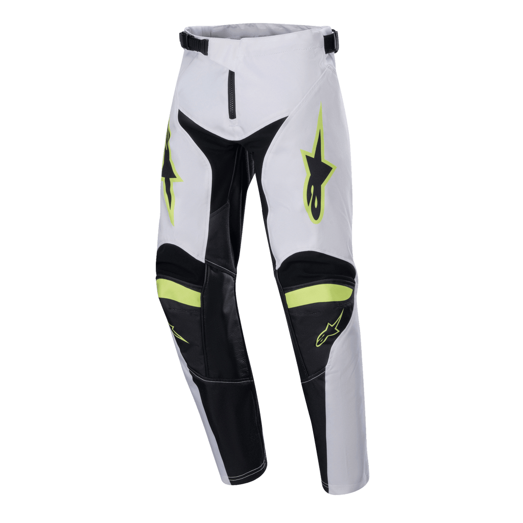 Pantalon Alpinestars Racer Lucent Junior 2024, pantalon de motocross, blanc, noir et jaune fluo, logos étoiles sur les cuisses, panneaux noirs à l'intérieur des jambes et aux genoux, design sportif pré-courbé pour la performance en motocross