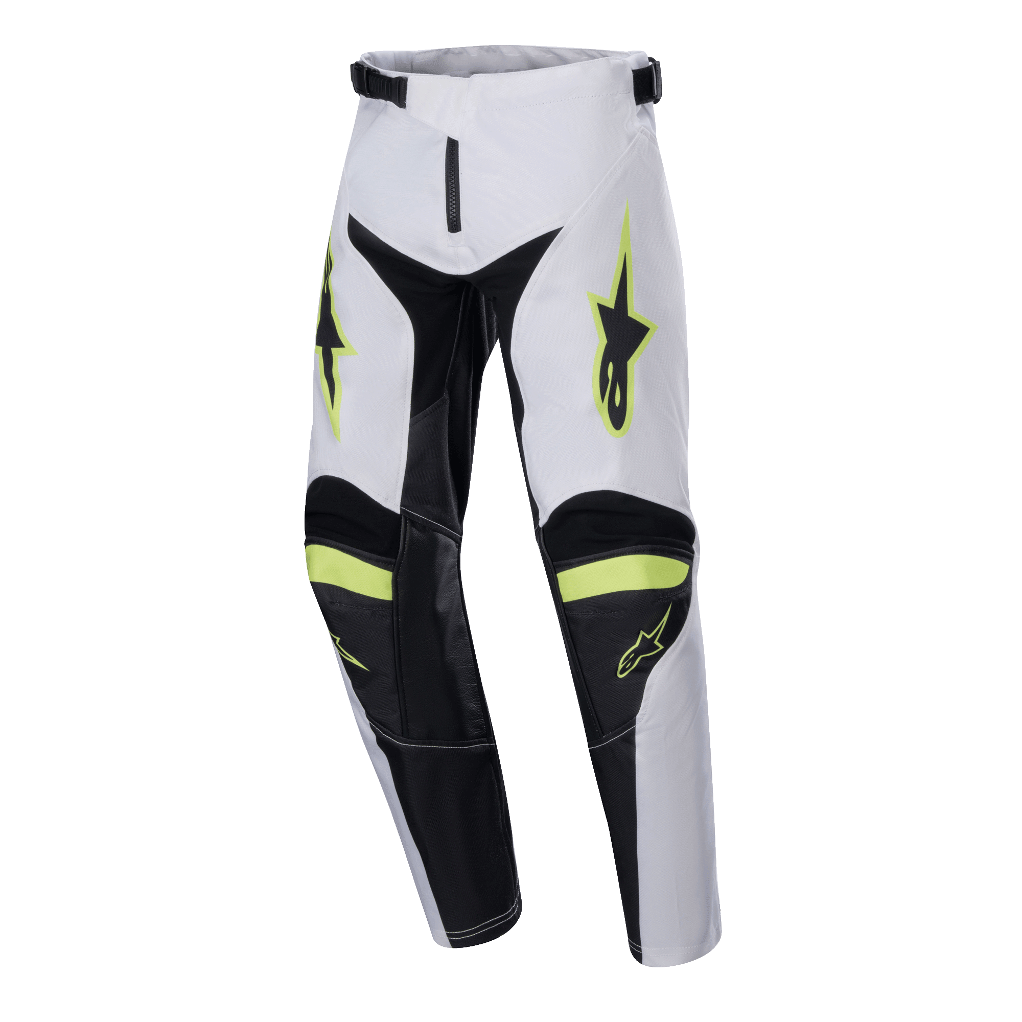 Pantalon Alpinestars Racer Lucent Junior 2024, pantalon de motocross, blanc, noir et jaune fluo, logos étoiles sur les cuisses, panneaux noirs à l'intérieur des jambes et aux genoux, design sportif pré-courbé pour la performance en motocross