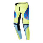 Alpinestars Pantalon Racer Hoen Junior 2024, pantalon de motocross pour enfant, jaune fluo et bleu marine avec logos étoiles Alpinestars rouges, empiècements bleu marine et genoux renforcés noirs, design sportif pour la course tout-terrain
