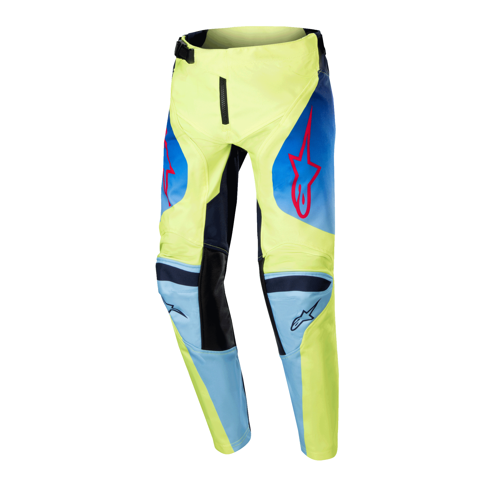 Alpinestars Pantalon Racer Hoen Junior 2024, pantalon de motocross pour enfant, jaune fluo et bleu marine avec logos étoiles Alpinestars rouges, empiècements bleu marine et genoux renforcés noirs, design sportif pour la course tout-terrain