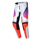 Alpinestars 2024 Youth Racer Hoen Pants, pantalon de motocross, gris clair, orange vif et noir, doté de panneaux de genoux orange vif avec logos noirs et de graphismes en dégradé du violet à l'orange sur les cuisses, conception ergonomique pré-courbée pour la course tout-terrain