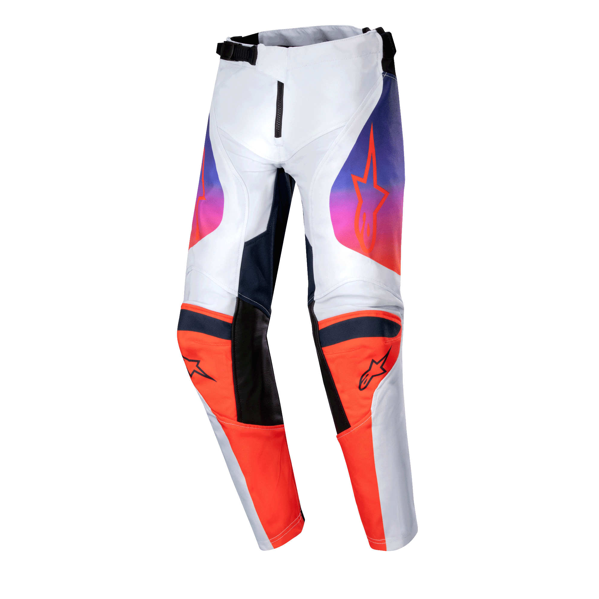 Alpinestars 2024 Youth Racer Hoen Pants, pantalon de motocross, gris clair, orange vif et noir, doté de panneaux de genoux orange vif avec logos noirs et de graphismes en dégradé du violet à l'orange sur les cuisses, conception ergonomique pré-courbée pour la course tout-terrain