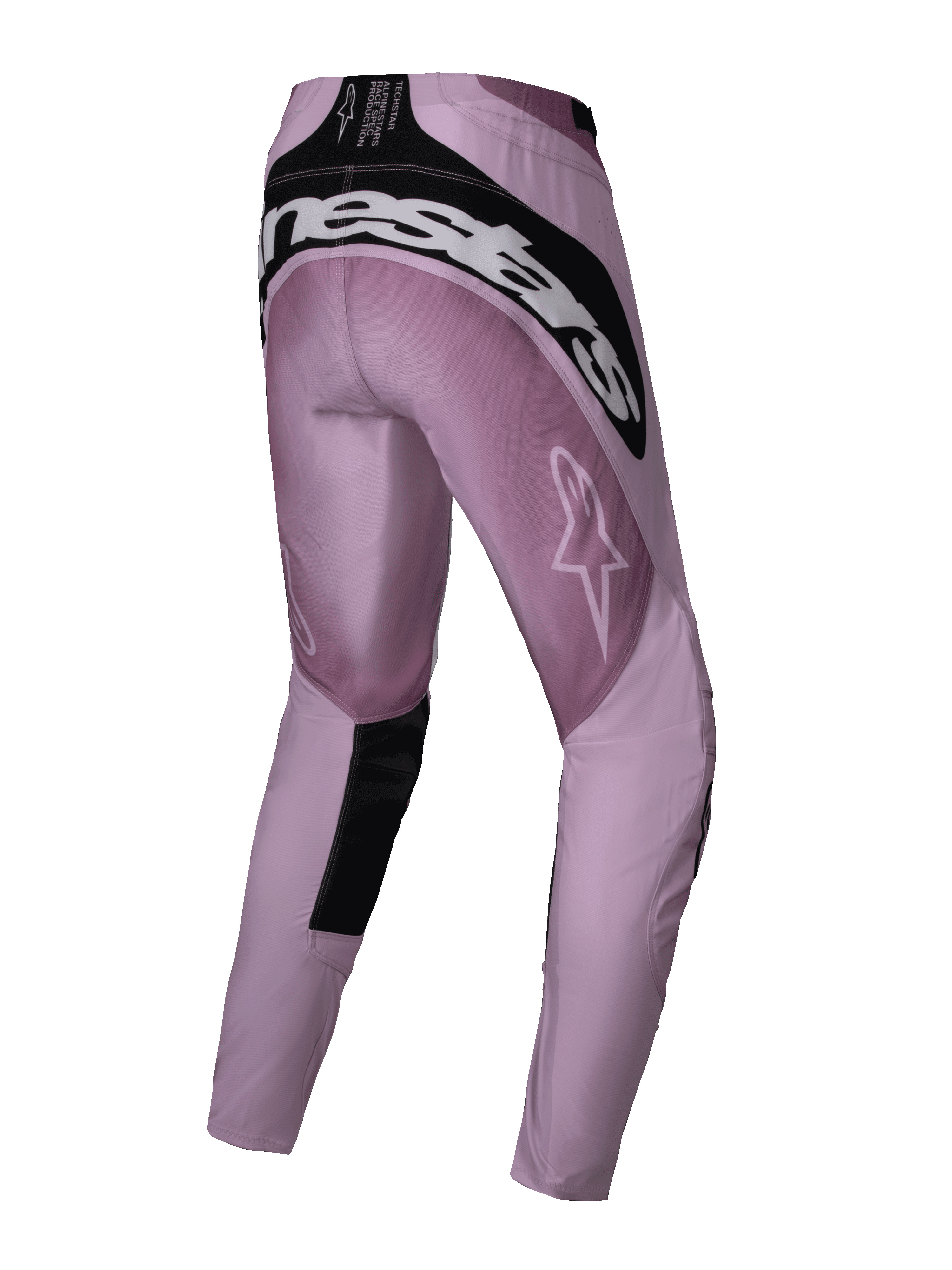Alpinestars Stella Techstar Melt 2025, pantalon de motocross pour femme, Blush Black, vue arrière montrant le logo Alpinestars blanc sur l'assise, des empiècements renforcés noirs et un logo étoile sur la cuisse, conçu pour la performance tout-terrain