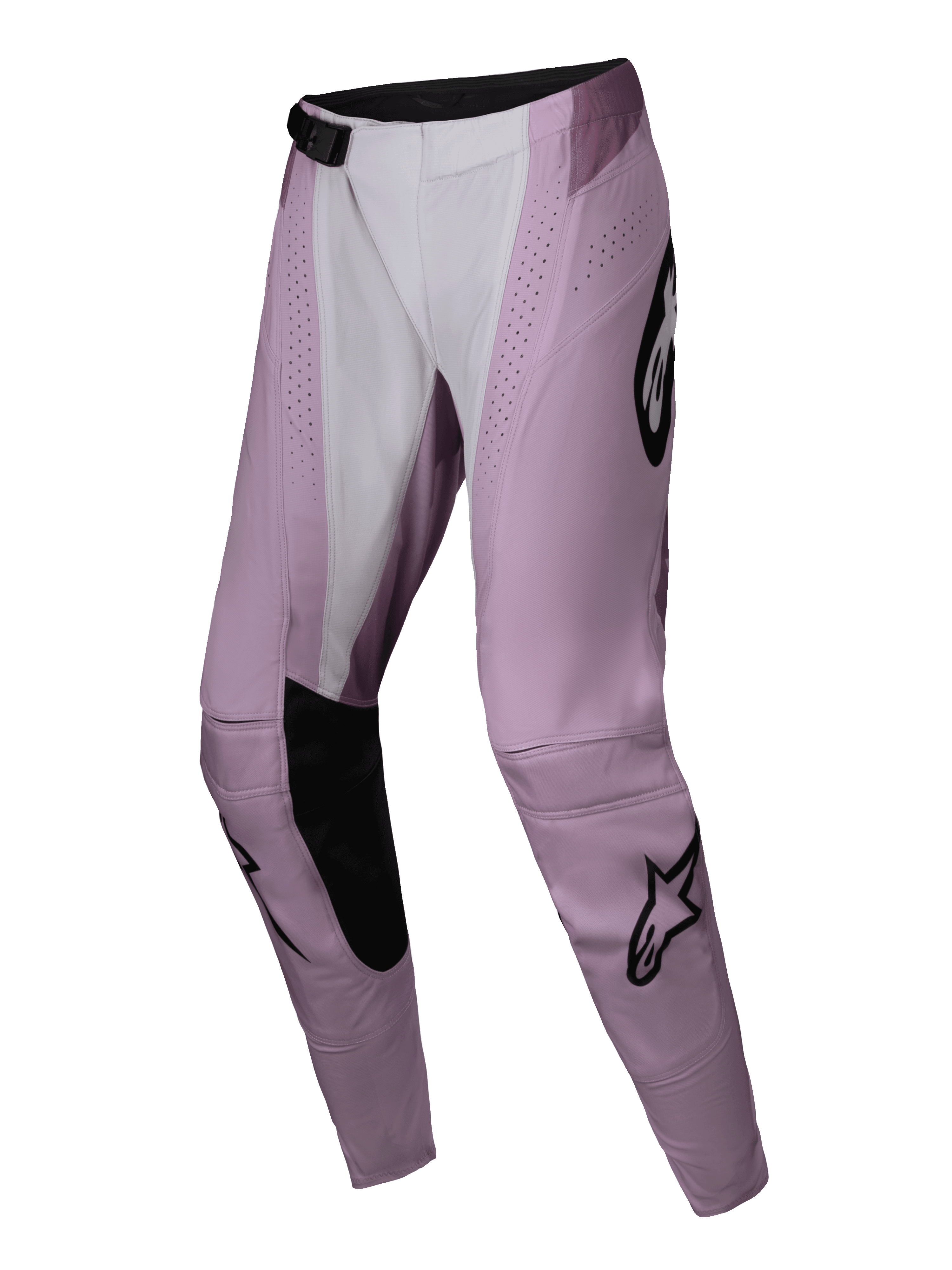 Alpinestars 2025 Stella Techstar Melt, pantalon de motocross pour femme, rose et blanc avec accents noirs, avec perforations laser, genoux renforcés et logos étoiles emblématiques, conçu pour la course tout-terrain haute performance