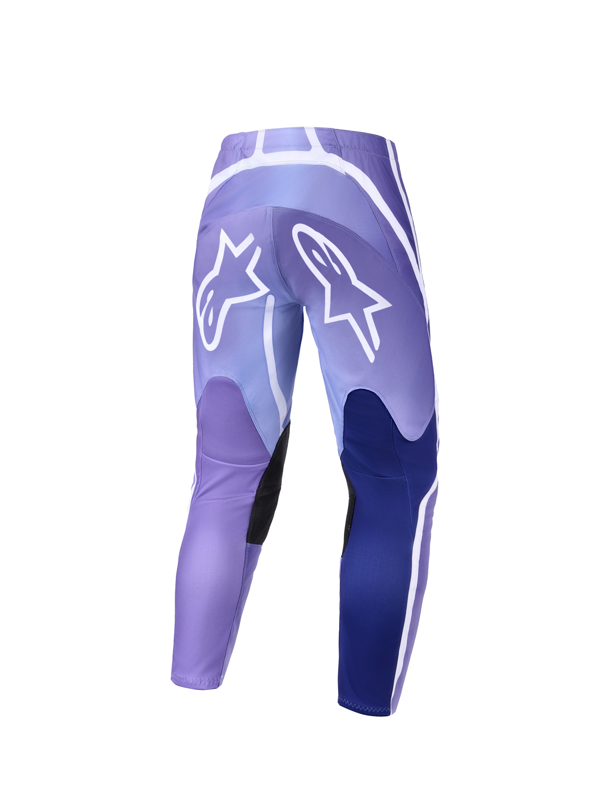 Alpinestars 2026 Stella Fluid Apex Pants, Women's Motocross Pants, Violet and White, back view featuring large white Alpinestars logos on the seat, dark blue panels and black inner knee grips, sport-fit design for off-road riding