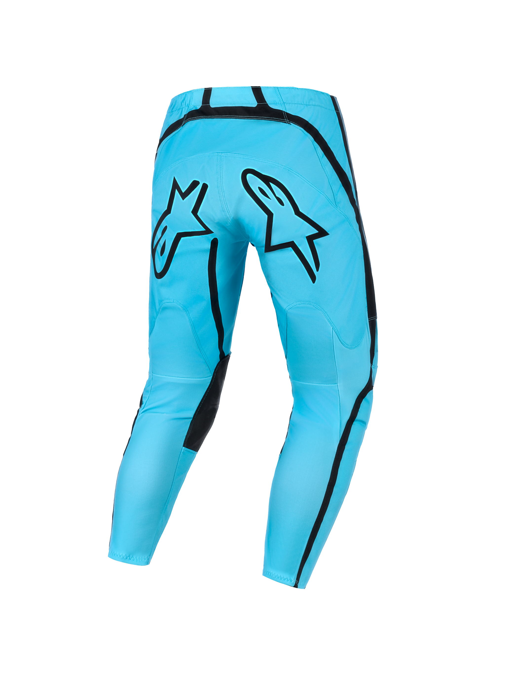 Alpinestars Stella Fluid Apex Pants 2026 pour femme, pantalon de motocross, bleu cyan avec accents noirs, vue arrière montrant un grand logo Alpinestars noir sur l'assise, design sportif pour les pilotes tout-terrain féminines
