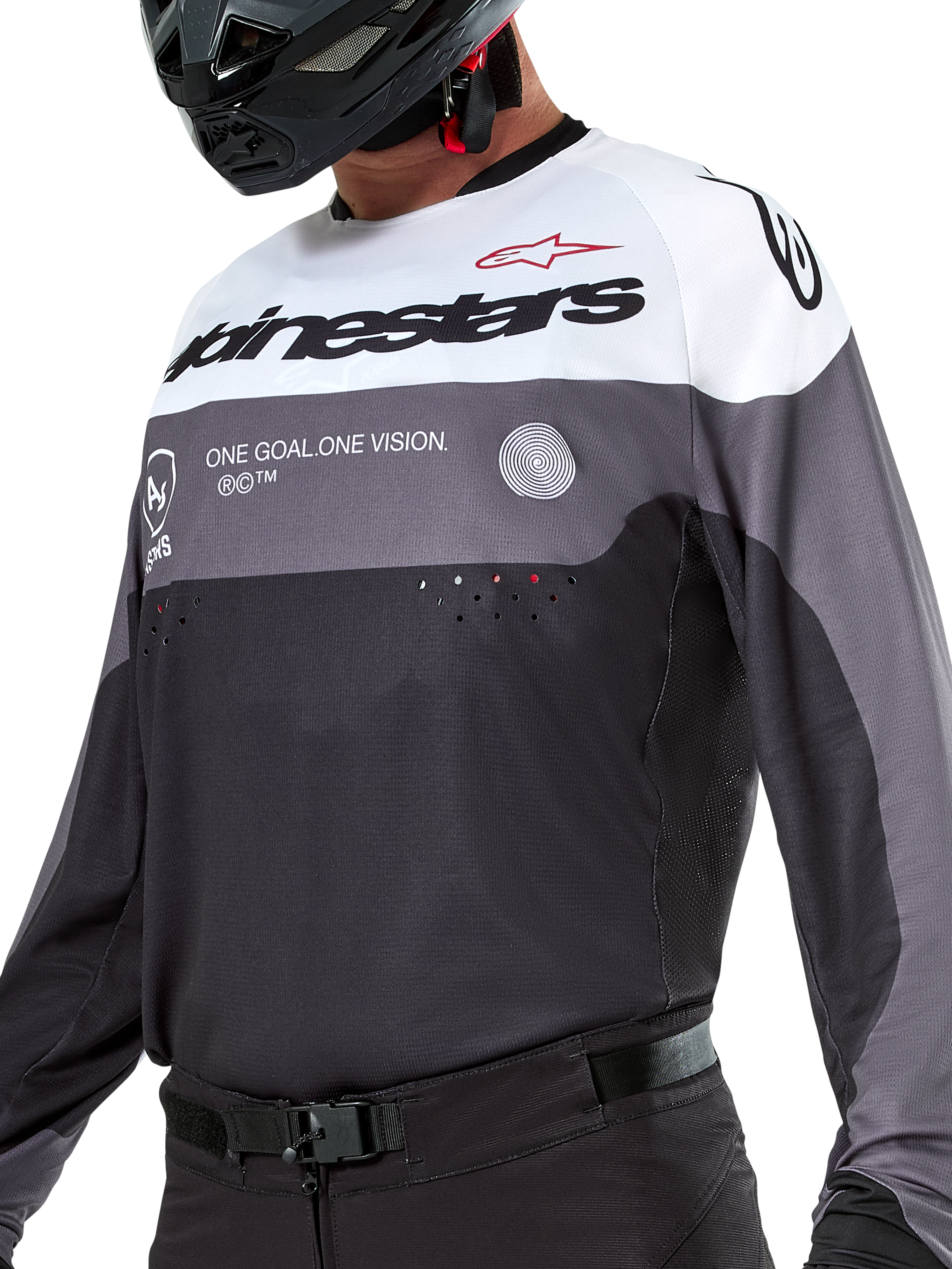 Maillot Alpinestars Pro-Dura, maillot de motocross et d'enduro, Noir Magnétite Blanc, vêtement technique tout-terrain avec perforations découpées au laser et construction en tissu poly respirant.