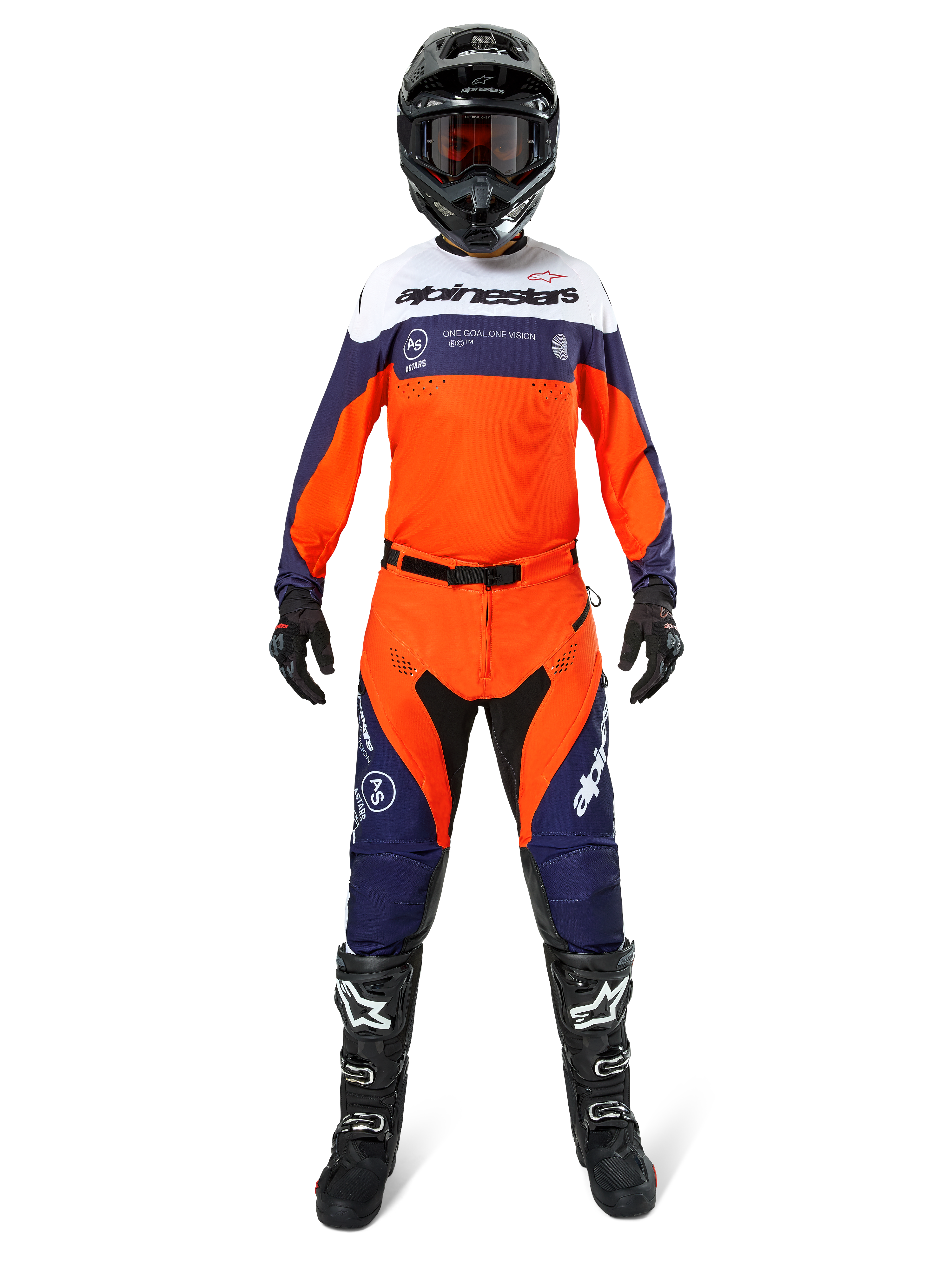 Motocross rider wearing complete Alpinestars Pro-Dura gear, Navy Hot Orange and White jersey, matching orange and navy pants, black motocross boots with white logos, black helmet and gloves, coordinated outfit for off-road racing