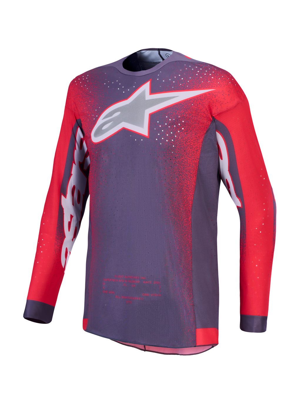 Maillot de motocross Alpinestars Supertech Hiten AFD pour homme, gris et rouge fluo, maille extensible ventilée.