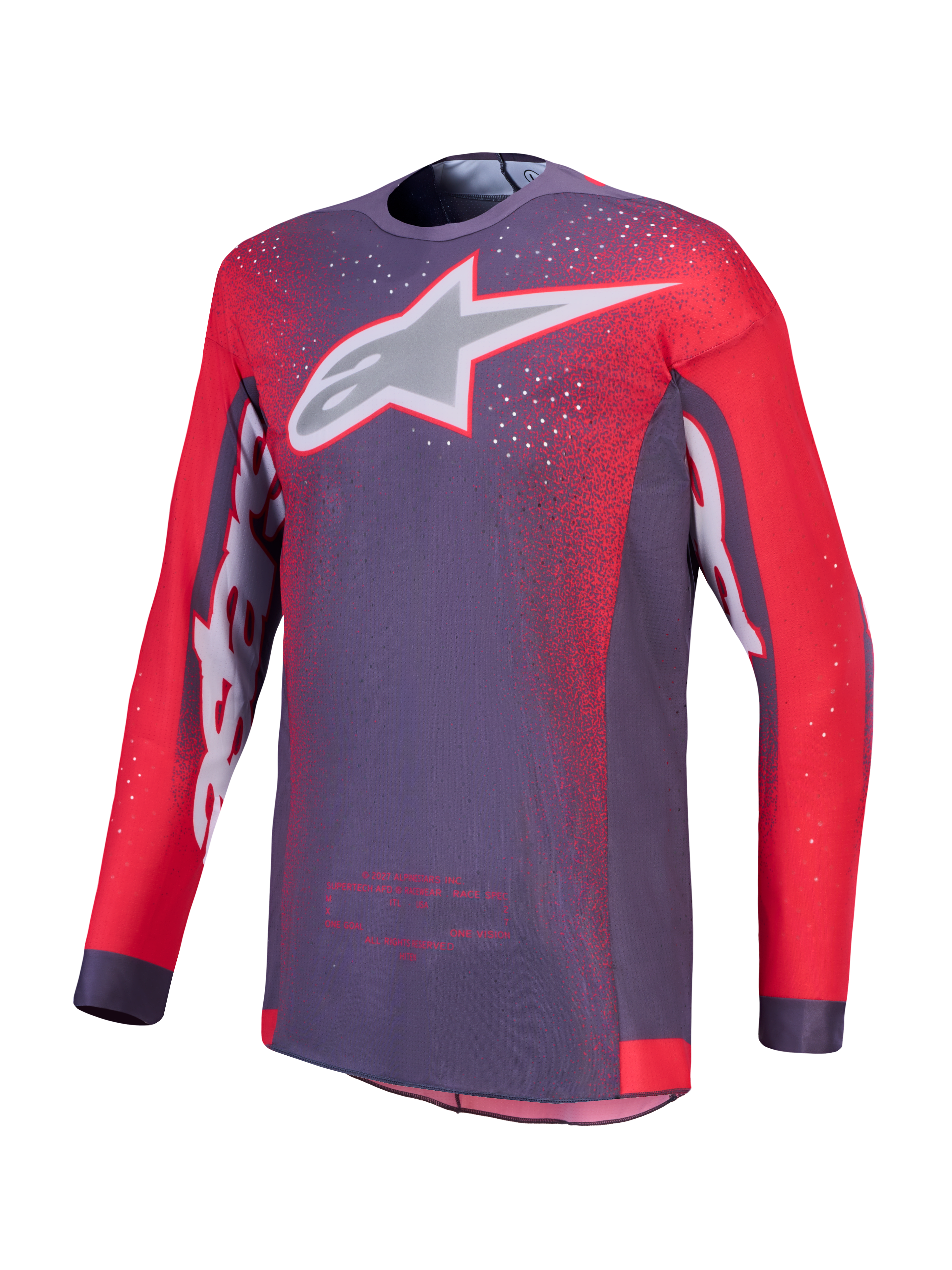 Maillot de motocross Alpinestars Supertech Hiten AFD pour homme, gris et rouge fluo, maille extensible ventilée.