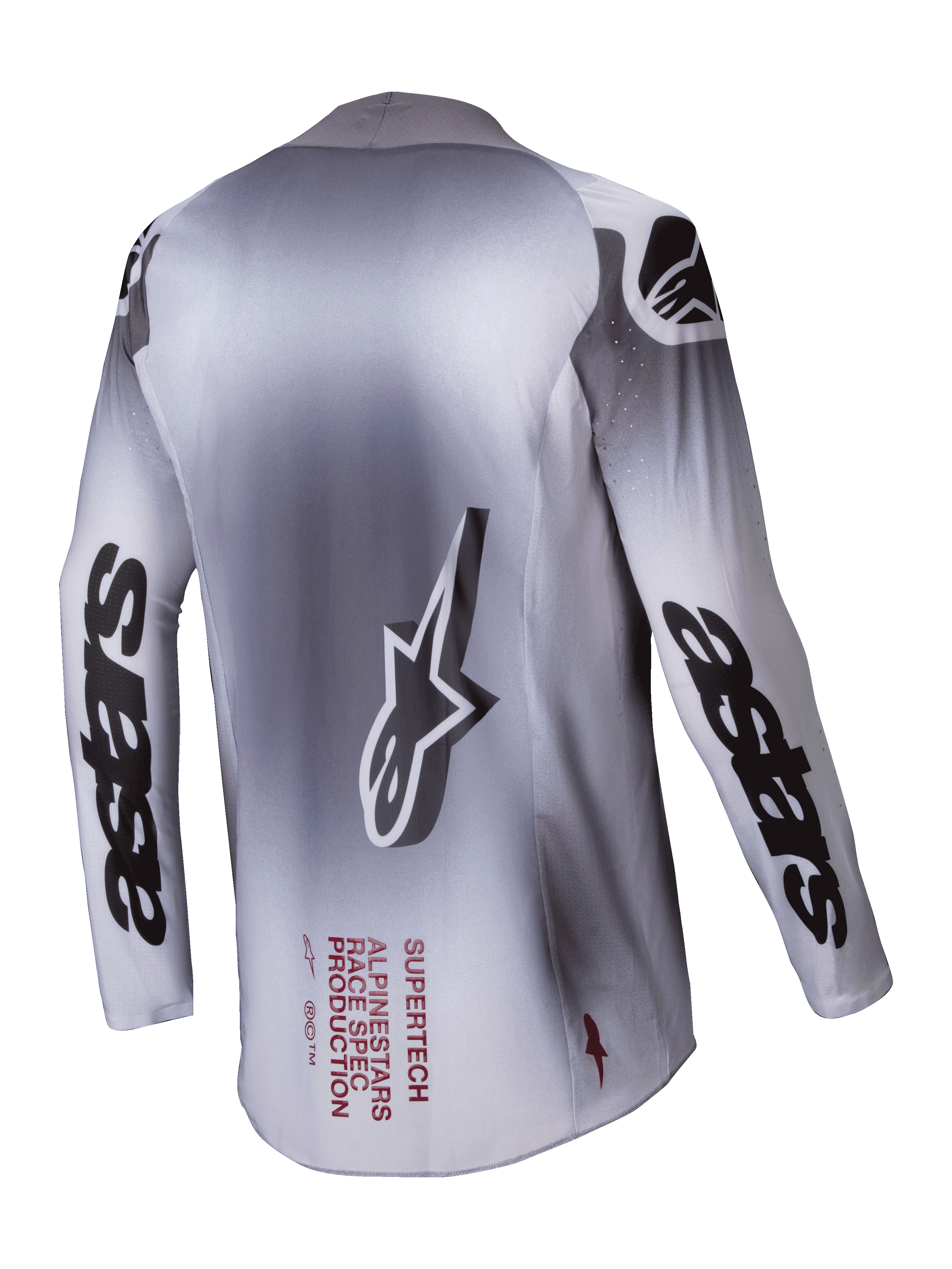 Alpinestars Maillot Supertech Maker 2025, maillot de motocross pour homme, argent et noir, vue de dos montrant la construction en mesh extensible et les logos de la marque