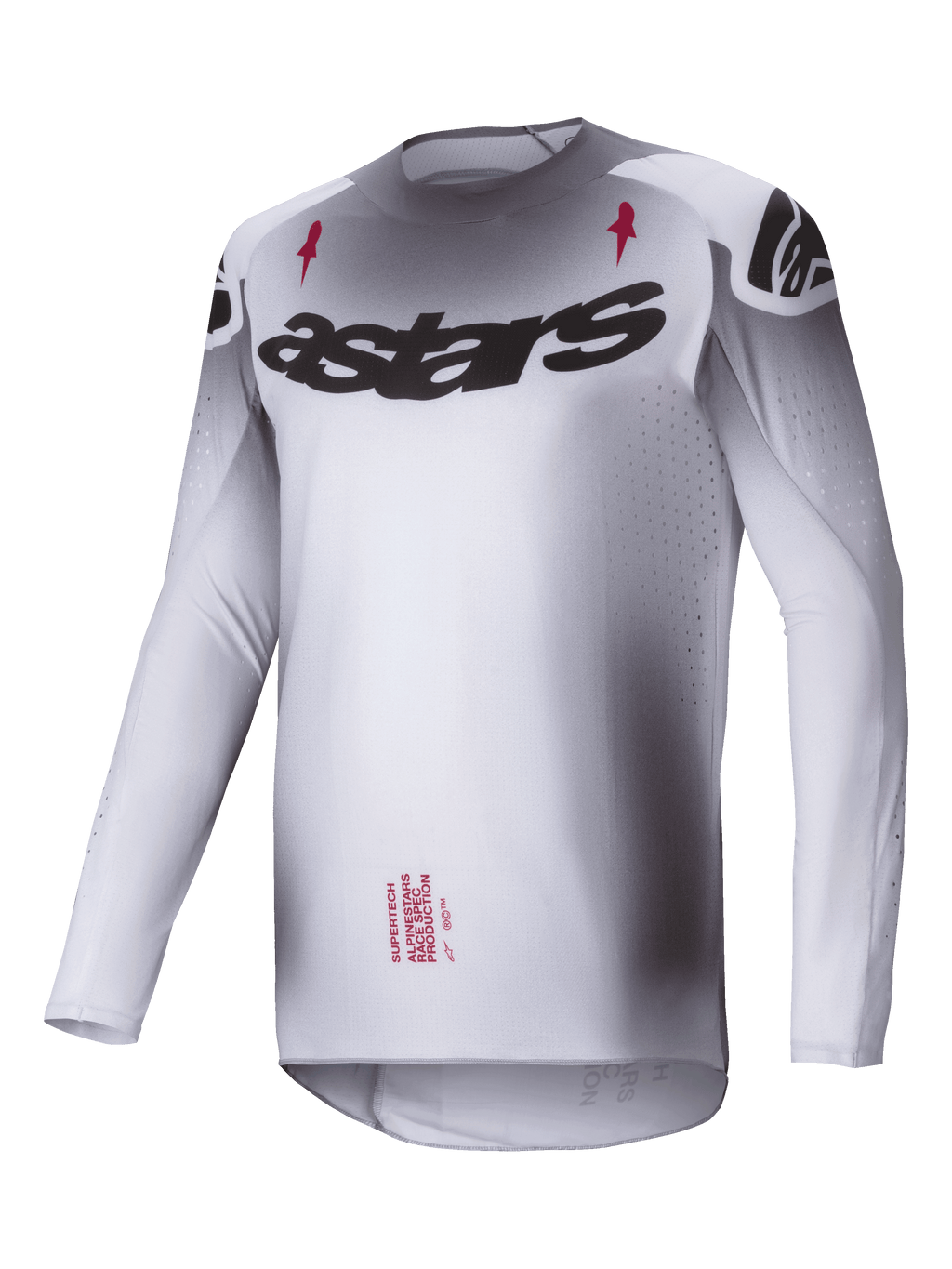 Alpinestars Maillot Supertech Maker, maillot de motocross, argenté et noir, construction légère en mesh extensible avec coupe athlétique