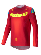 Alpinestars 2025 Supertech Maker Jersey, Pro Level Motocross Jersey for Men in Bright Red and Yellow Fluo, lightweight stretch mesh with laser-cut ventilation perforations