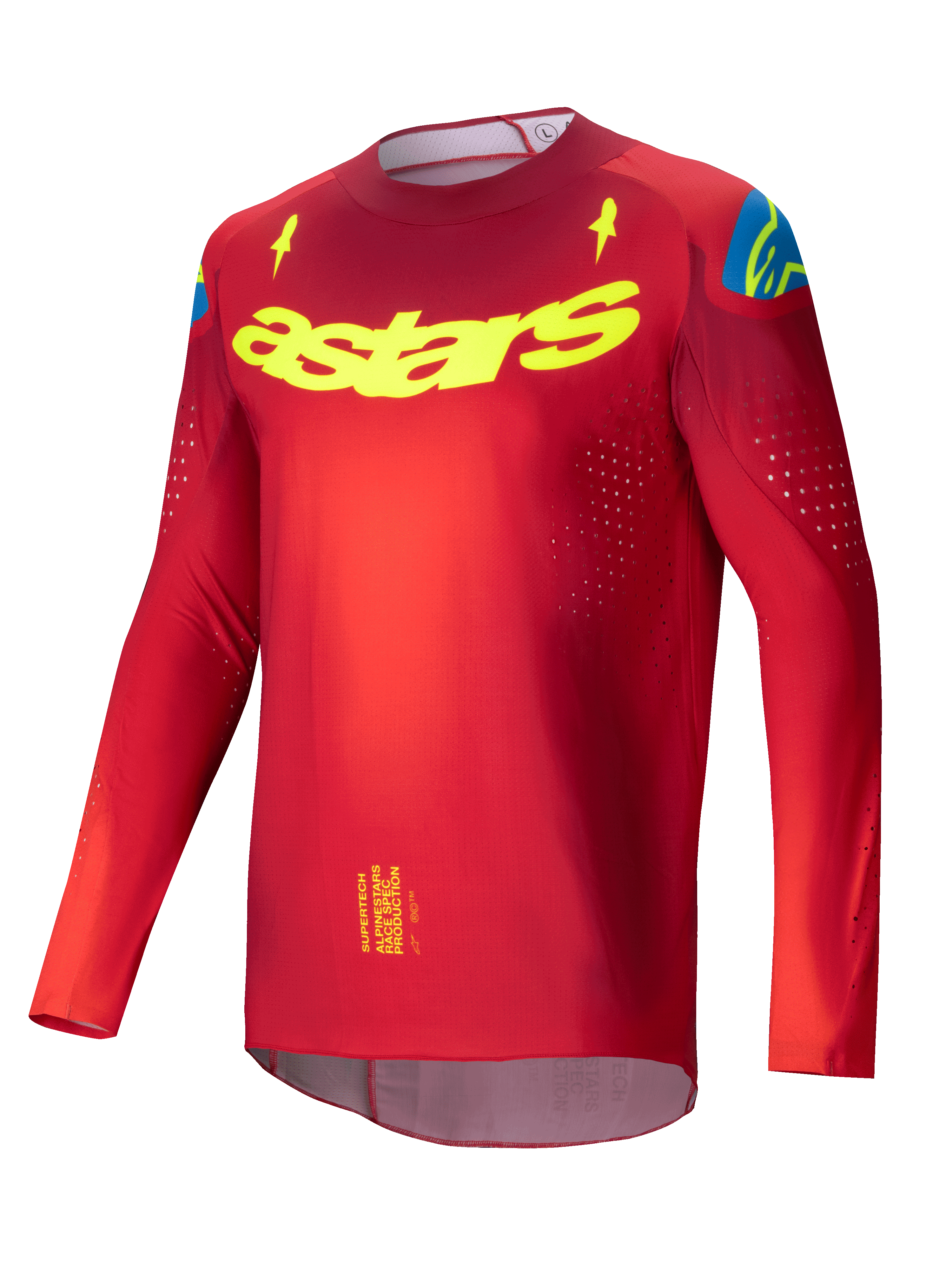 Alpinestars 2025 Supertech Maker Jersey, Pro Level Motocross Jersey for Men in Bright Red and Yellow Fluo, lightweight stretch mesh with laser-cut ventilation perforations