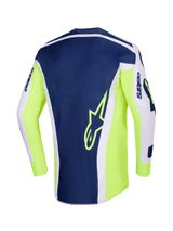 Alpinestars 2026 Racer Air Riway Jersey, maillot de motocross, gris clair, jaune fluo et bleu, vue arrière présentant un panneau central bleu marine avec un logo étoile jaune, des côtés jaune fluo et des manches gris clair pour la performance tout-terrain.