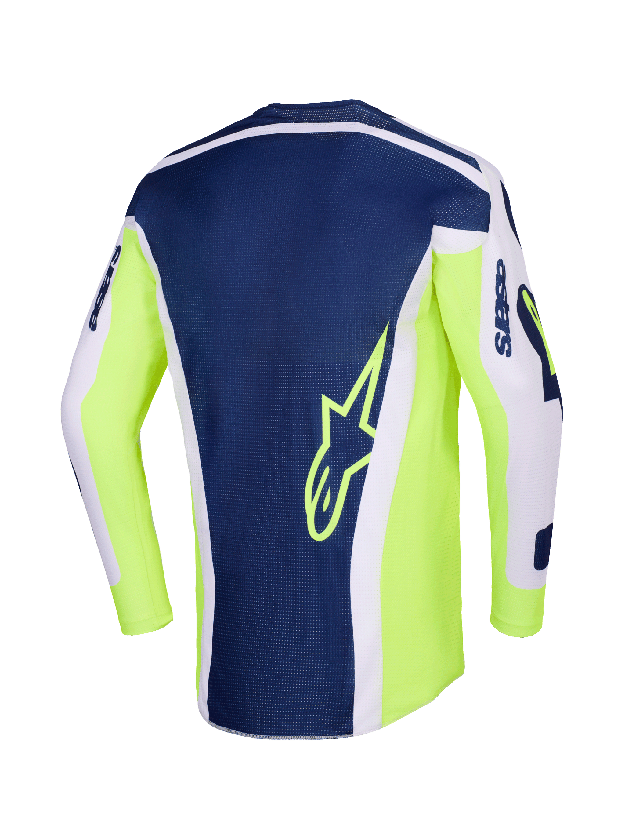 Alpinestars 2026 Racer Air Riway Jersey, maillot de motocross, gris clair, jaune fluo et bleu, vue arrière présentant un panneau central bleu marine avec un logo étoile jaune, des côtés jaune fluo et des manches gris clair pour la performance tout-terrain.