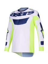 Alpinestars 2026 Racer Air Riway Jersey, maillot de motocross, gris clair avec accents jaune fluo et bleu, marquage « astars » sur la poitrine, panneaux latéraux jaune fluo, construction en maille respirante pour la performance tout-terrain