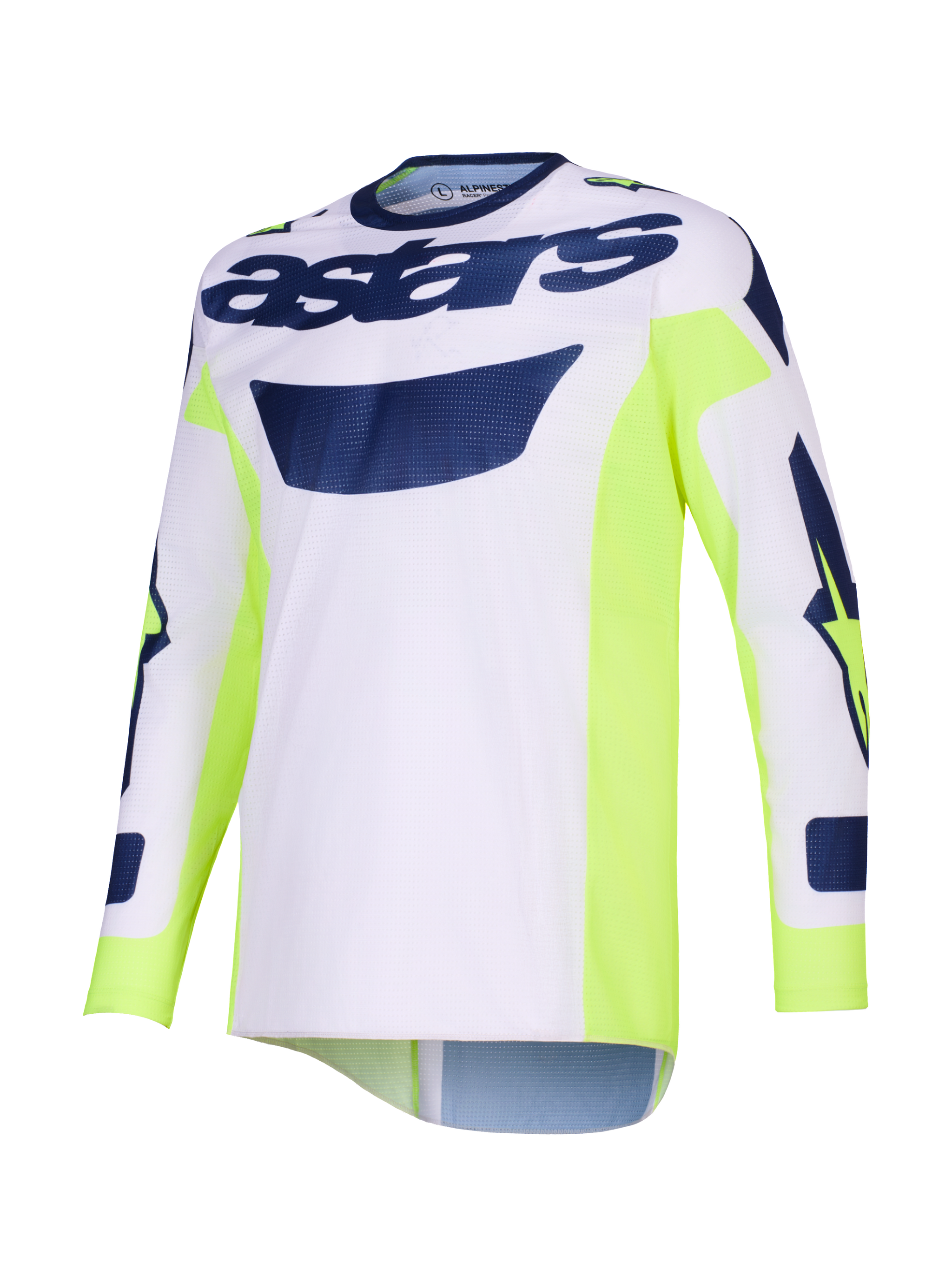 Alpinestars 2026 Racer Air Riway Jersey, maillot de motocross, gris clair avec accents jaune fluo et bleu, marquage « astars » sur la poitrine, panneaux latéraux jaune fluo, construction en maille respirante pour la performance tout-terrain