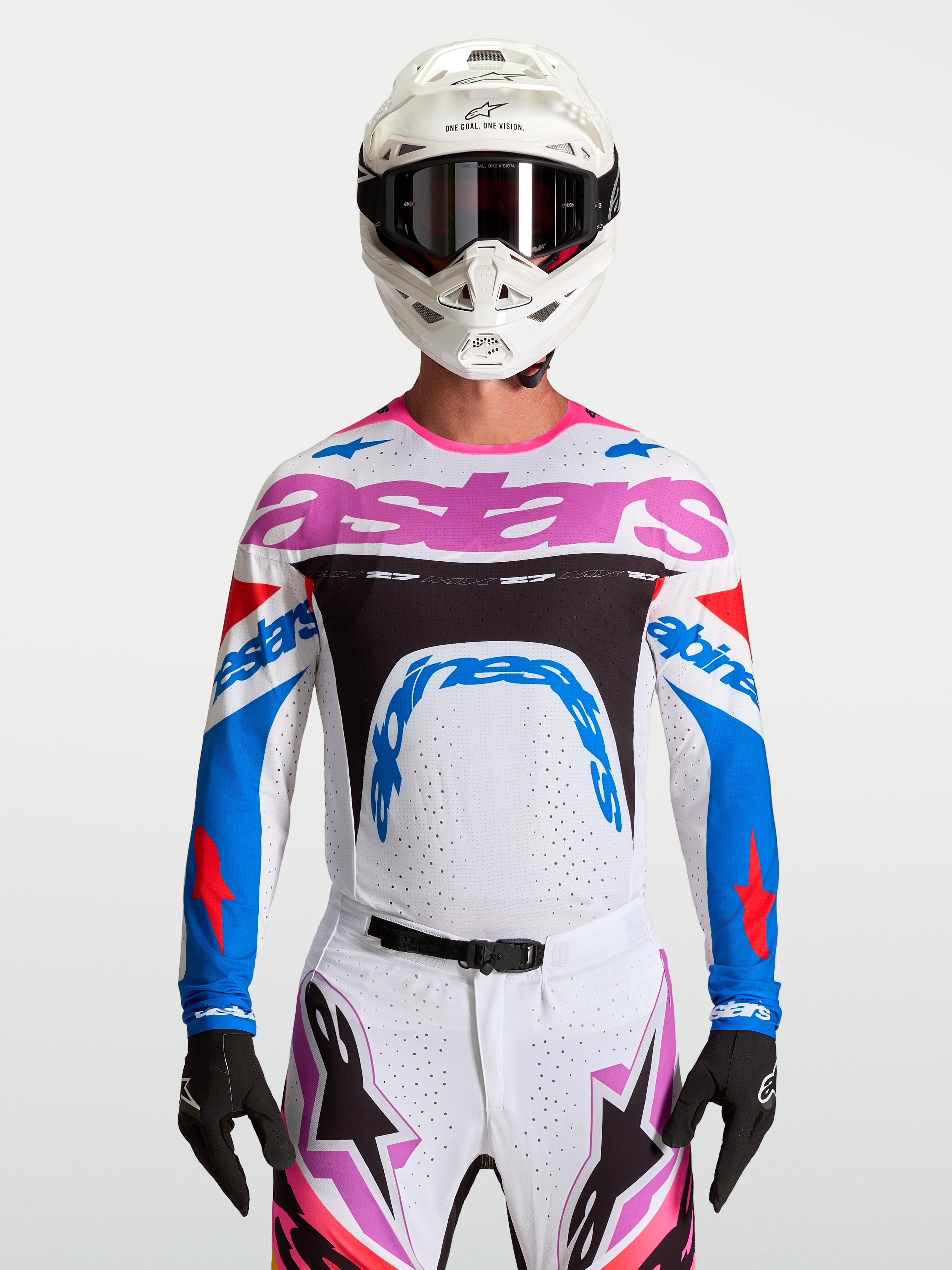 Alpinestars Supertech Dyna, maillot de motocross pour homme, blanc et bleu, maille extensible et respirante