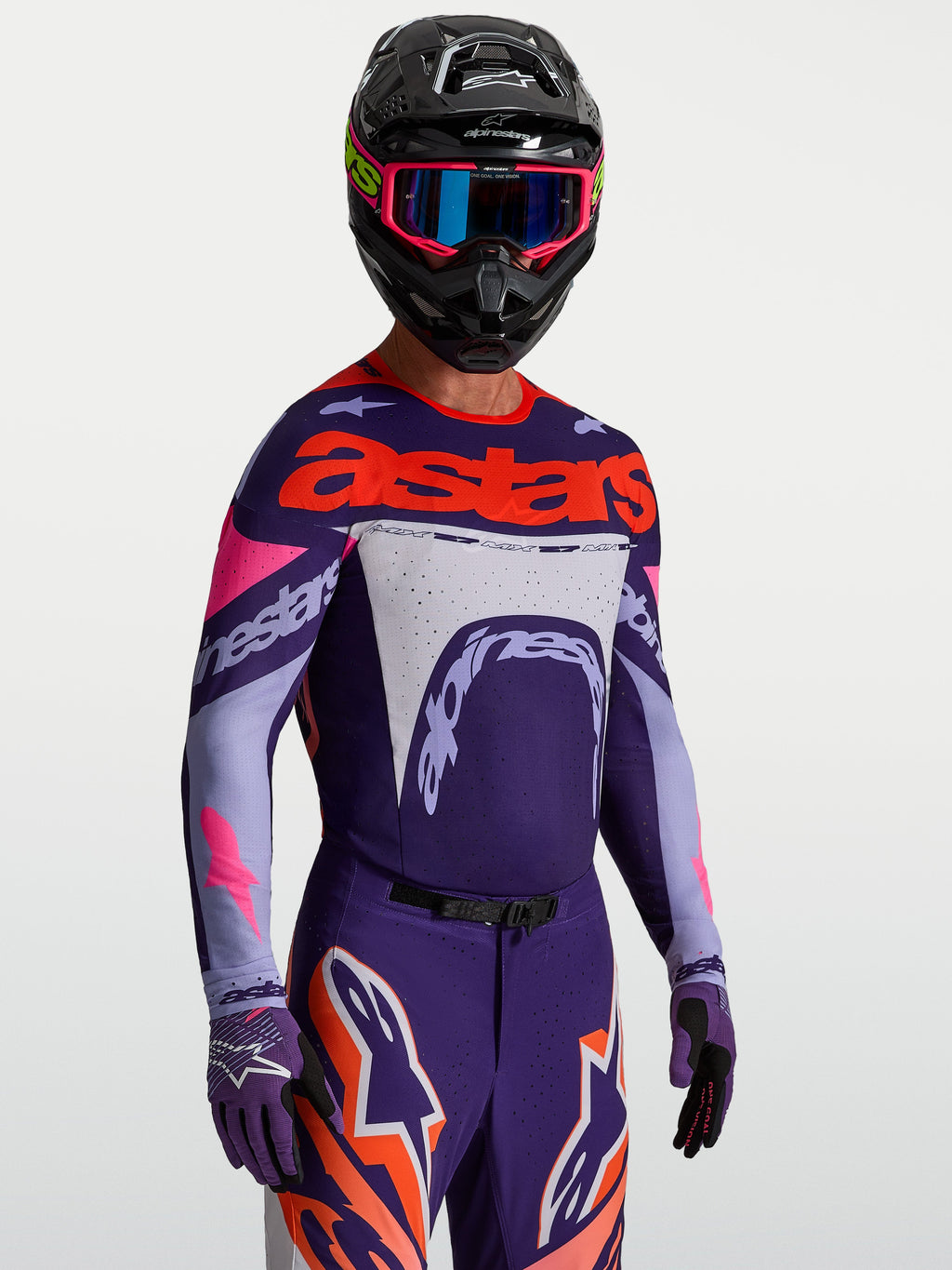 Maillot Supertech Dyna Alpinestars, haut de motocross pour homme, violet et rose fluo, maille extensible athlétique.