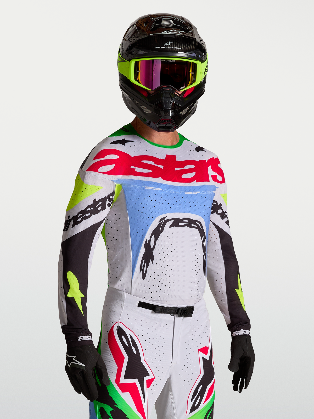 Maillot Alpinestars Supertech Dyna, motocross pour homme, lilas clair et vert fluo, maille extensible avec aérations laser.
