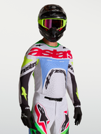 Maillot Alpinestars Supertech Dyna, motocross pour homme, lilas clair et vert fluo, maille extensible avec aérations laser.
