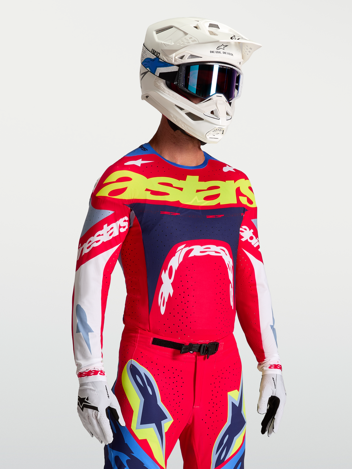 Maillot Alpinestars Supertech Dyna, maillot de motocross pour homme, rouge feu et bleu marine, mesh ventilé extensible.