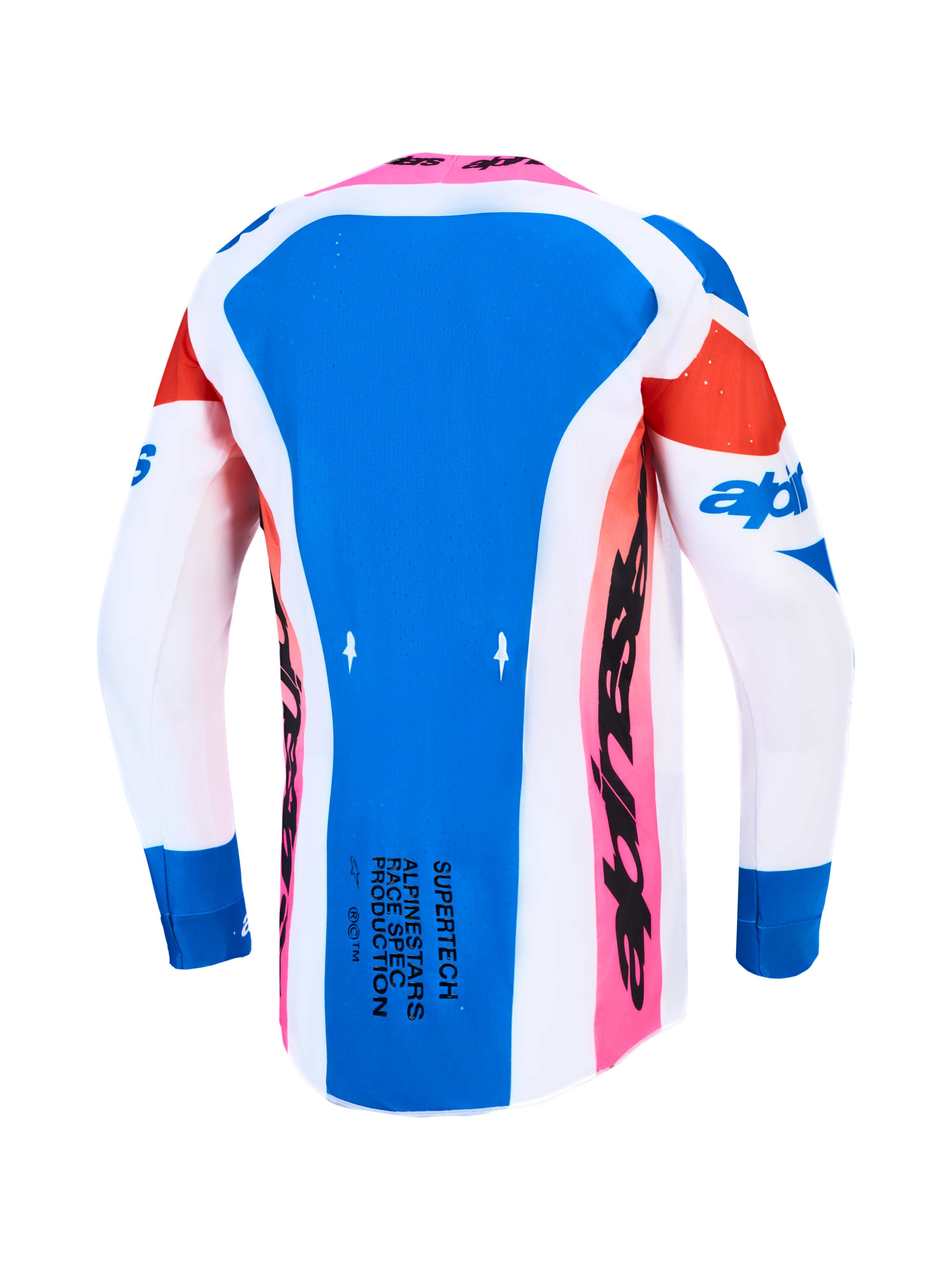Alpinestars Supertech Dyna Jersey, Blue and White motocross racing jersey, back view with breathable stretch mesh panels.