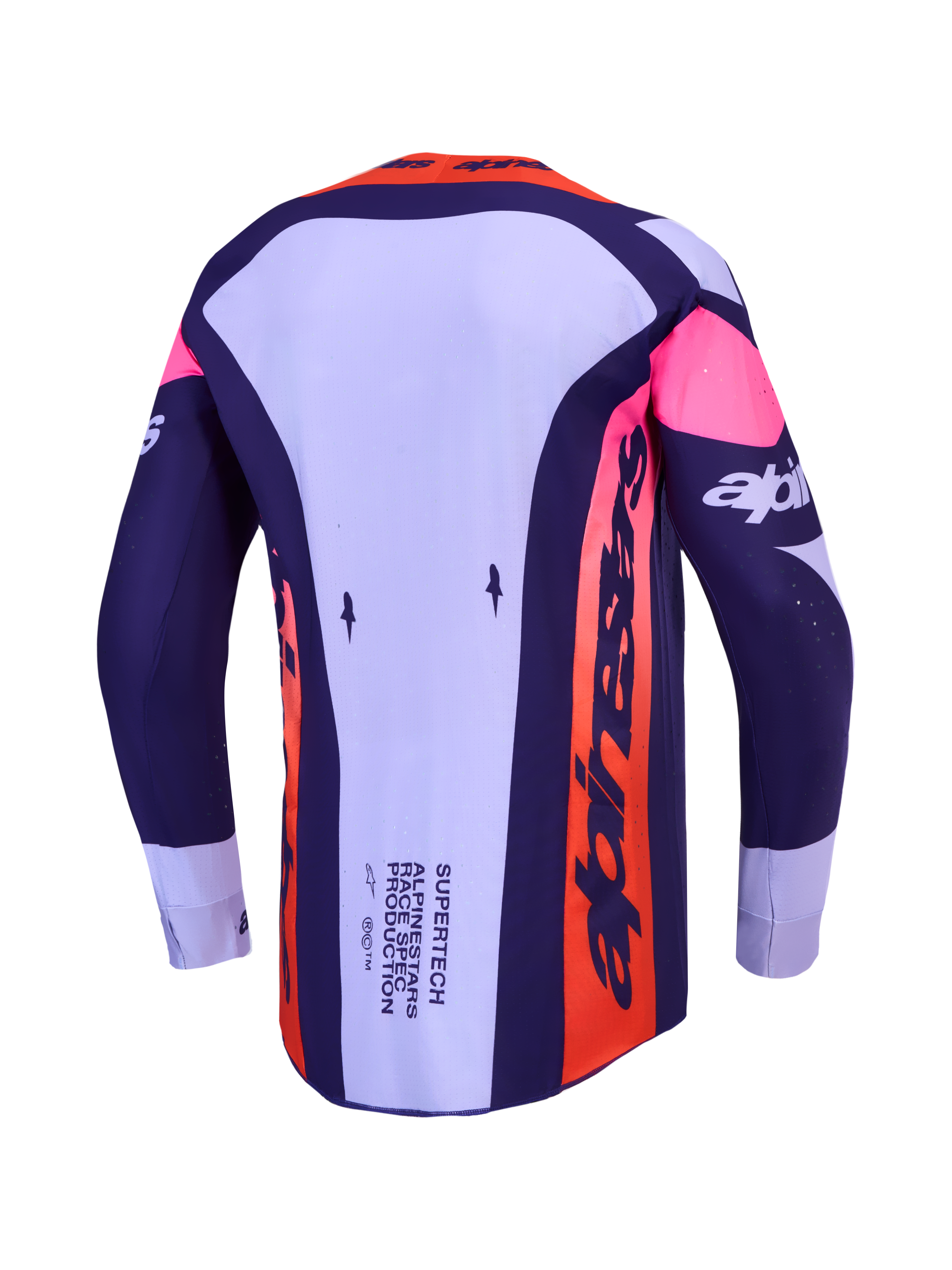 Alpinestars Supertech Dyna, maillot de motocross pour homme, violet et rose fluo, vue de dos, maille extensible ventilée.