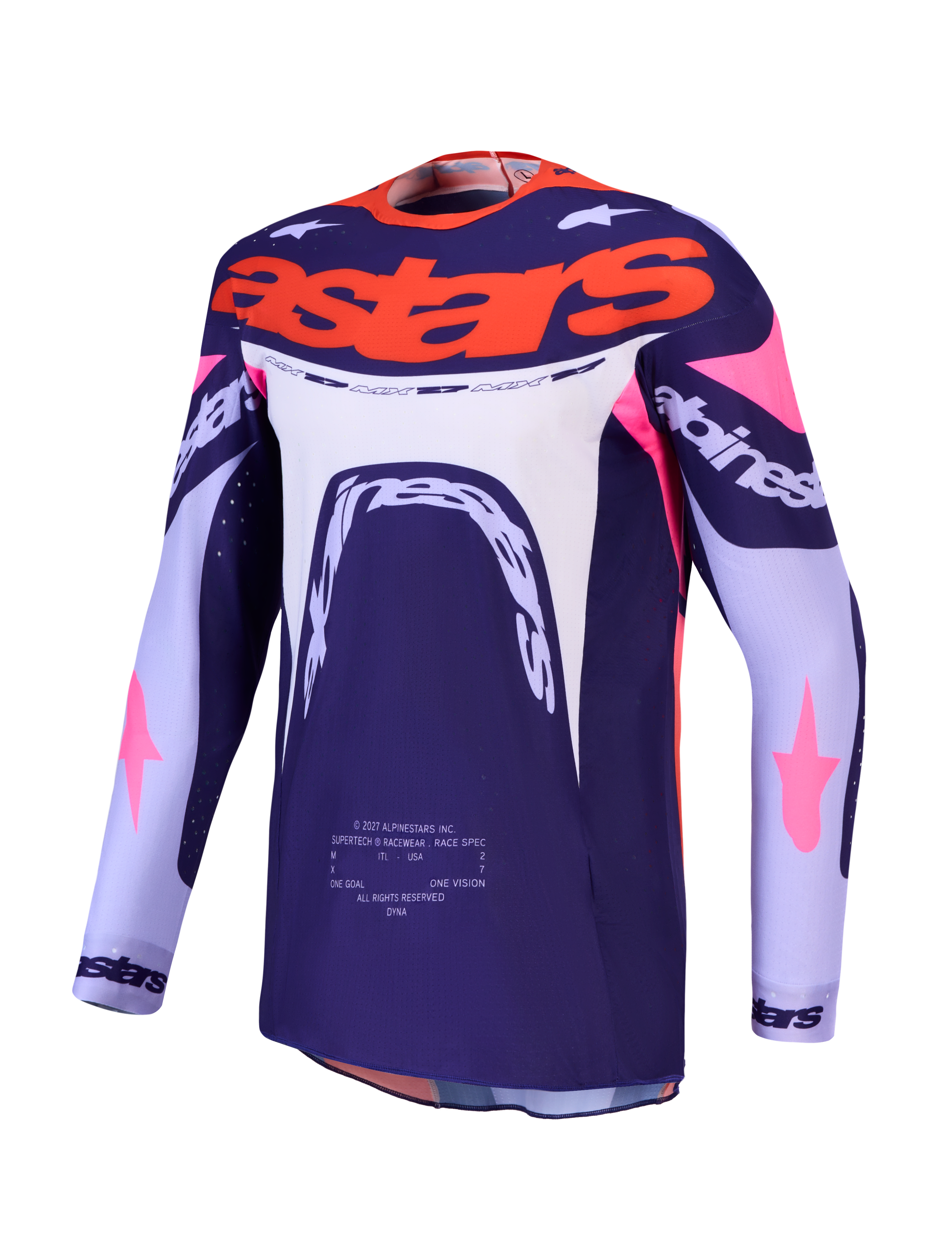 Maillot Alpinestars Supertech Dyna, maillot de motocross violet et rose fluo, maille extensible ventilée, coupe athlétique